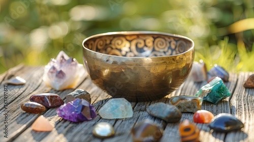 In an outdoor setting  there s a composition featuring a Tibetan singing bowl surrounded by various gemstones placed on a wooden table