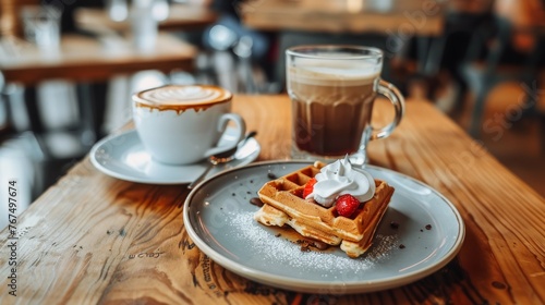  a plate of waffles with whipped cream and a cup of cappuccino on a wooden table.