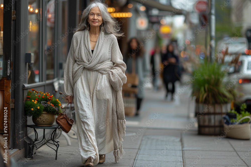 Fototapeta premium Old elderly beautiful woman with gray hair dressed trendy clothes fancy boots and accessories walking down the crowded street in the summer. Senior street fashion