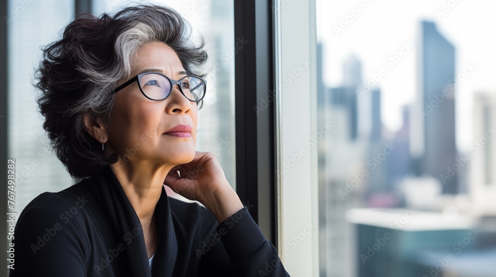 Fototapeta premium mature optimistic asian businesswoman woman female executive CEO in corporate modern office thinking contemplating and looking out window skyscraper cityscape daytime 