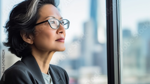 mature optimistic asian businesswoman woman female executive CEO in corporate modern office thinking contemplating and looking out window skyscraper cityscape daytime  photo
