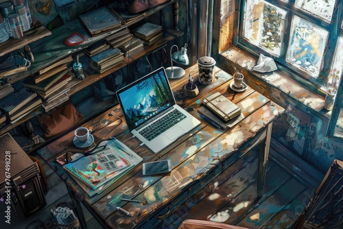 Workplace with laptop, coffee cup and books on wooden table and light coming in through window