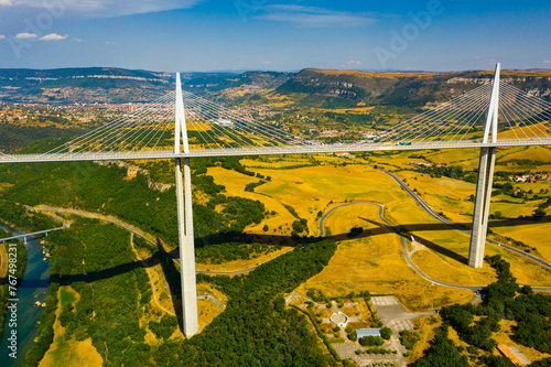 Drone view of cable-stayed Millau Viaduct, highest road bridge in Europe, spanning Tarn River valley, Aveyron, France.. © JackF