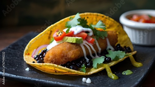 Deep fried fish taco in a black corn torilla photo