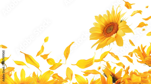 Sunflower petals floating in the wind on an isolated background 