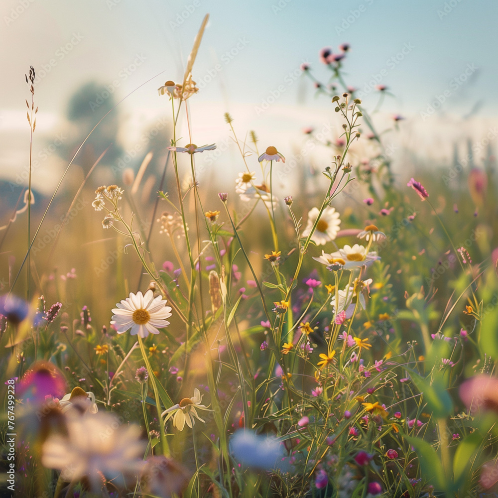 Sunny Meadow with Blooming Wildflowers