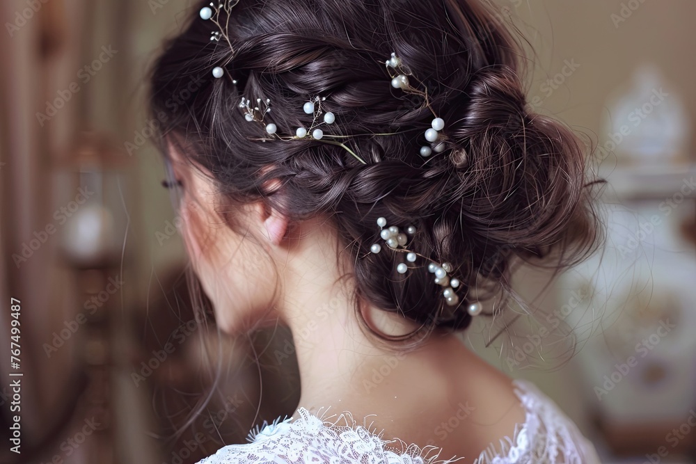 Detailed view of bridal hairstyle with woven strands and elegant pearl accessories