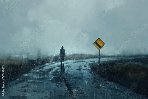 A scene of a lone figure standing in the rain at a crossroads where the road signs point to nowhere photo