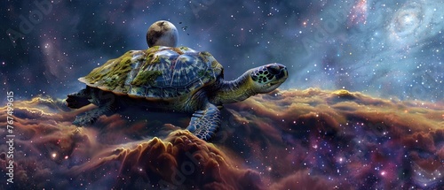 A turtle carrying a world on its back slowly drifting through a tranquil part of the galaxy