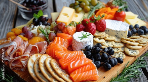 A smoked salmon charcuterie board featuring a variety of cheeses photo