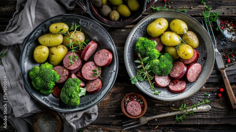 two bowls of sausage, potatoes, broccoli, and potatoes on a wooden table with utensils. two bowls of sausage, potatoes, broccoli, and potatoes on a wooden table with utensils.