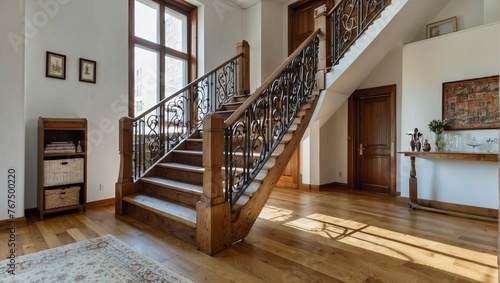 Wooden staircase in spacious hall of apartment.