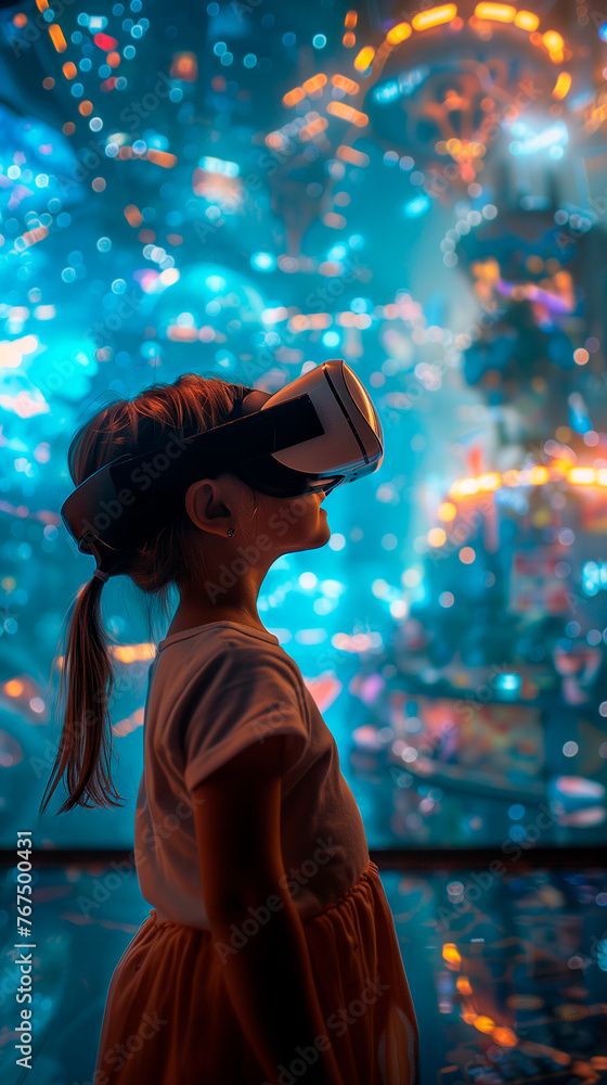 Girl playing with virtual reality in the metaverse, technology, artificial intelligence game, and gaming game fi Girl playing with virtual reality in the metaverse, technology, artificial intelligence game, and gaming game fi