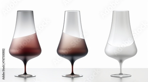  a group of three wine glasses sitting next to each other on a white counter top in front of a white background.