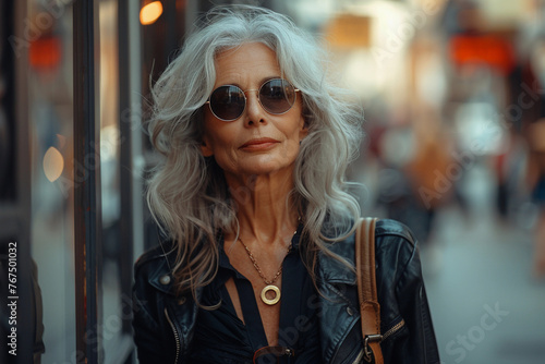 Old elderly beautiful woman with gray hair dressed trendy clothes fancy boots and accessories walking down the crowded street in the summer. Senior street fashion © Алина Троева