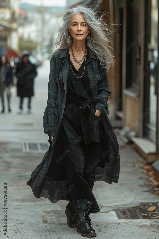 Old elderly beautiful woman with gray hair dressed trendy clothes fancy boots and accessories walking down the crowded street in the summer. Senior street fashion Old elderly beautiful woman with gray hair dressed trendy clothes fancy boots and accessories walking down the crowded street in the summer. Senior street fashion