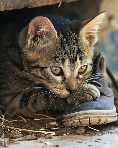Cute little kitten is playing with shoes. Selective focus.