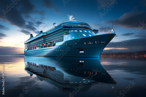 large luxury cruise ship cruises the ocean in the evening along its cruise route. sea ​​recreation and tourism. © photosaint