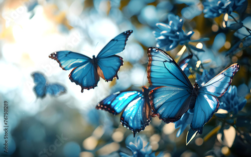 many flying blue butterflies on a natural background. insects. Flora and fauna © photosaint