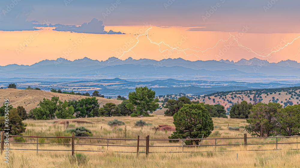  a field with a fence and a mountain range in the background with a lightning bolt in the sky over the mountains.