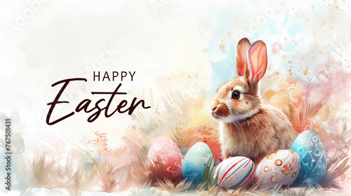 Happy Easter card with bunny and spring flower, watercolor style. Happy Easter banner. AI generative.