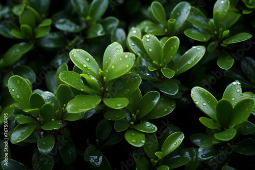Exquisite Natural Portrait of a Flourishing Green Bush with Dewdrops and White Blossoms