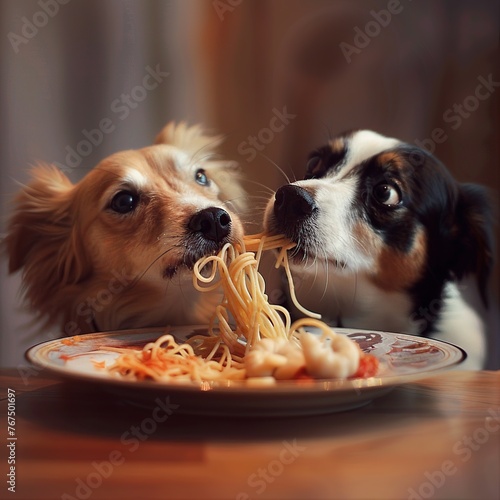 Two dogs eating spaghetti and looking at each other. Close-up