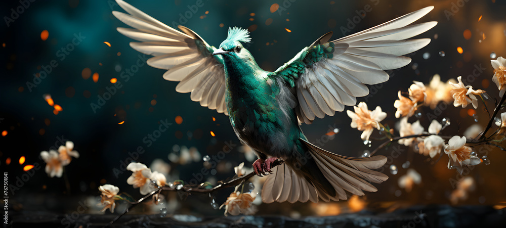 Obraz premium Bokeh beauty phoenix, peacook on defocused emerald green background, ai generative