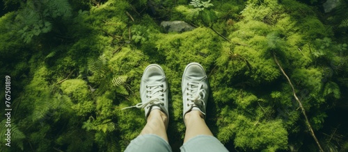 A persons legs in shorts dangle over a lush green forest, their feet hovering above the terrestrial plants and grass below, creating a serene gesture in this natural landscape photo