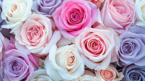  a close up of a bunch of pink, purple, and white roses with one pink rose in the middle.
