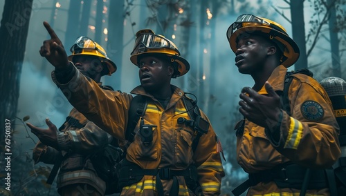 A squad of firefighters in personal protective equipment and helmets are standing in the darkness of a forest, observing a fire event as part of a training exercise