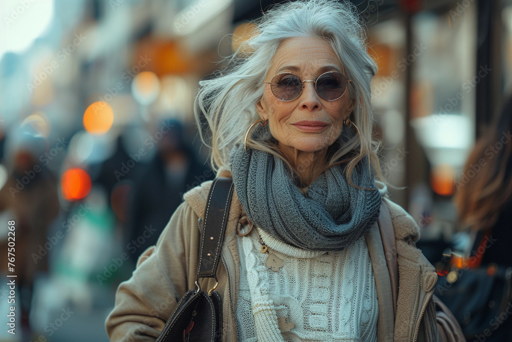 Old elderly beautiful woman with gray hair dressed trendy clothes fancy boots and accessories walking down the crowded street in the summer. Senior street fashion