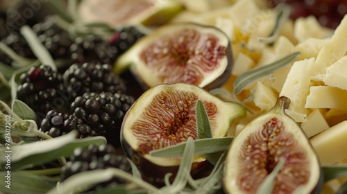  a close up of a plate of food with figs, cheese, and olives on the side of the plate.