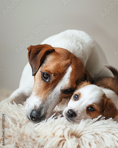 Portrait of cute dogs on fur rug, on grey wall background. Dog parent and child.