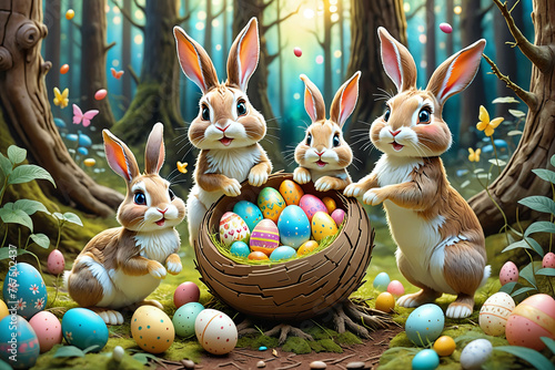 Bunny family with easter eggs