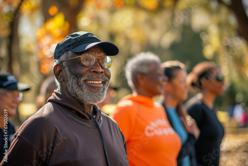 Outdoor fitness class for seniors. senior black man with a cheerful face, wearing spectacles.  diverse group, walking, lunges, exercises, blurred background. active seniors and healthy aging concept. © Dinusha