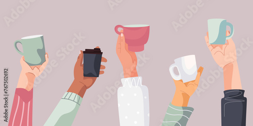 Flat cartoon set of Hands Holding Cups of coffee or tea. Holiday vector illustration for postcard, greeting card, party invitation. Funny Lovely Mug. Female and male hands.
