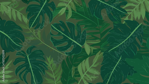 Vintage Green Monstera leaves on a seamless background, flat vector design.