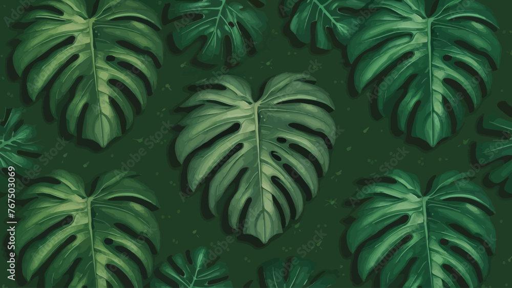 Vintage Green Monstera leaves on a seamless background, flat vector design.