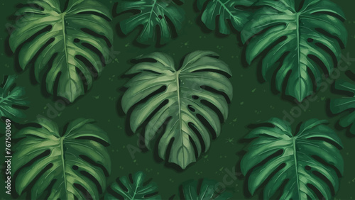 Vintage Green Monstera leaves on a seamless background  flat vector design.