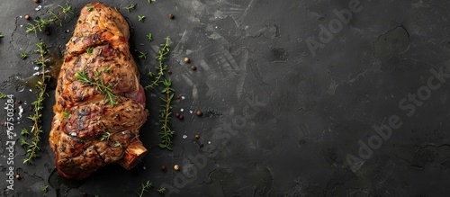 Whole leg of lamb mutton roasted in the oven with thyme on a black surface, seen from above with space for text. photo