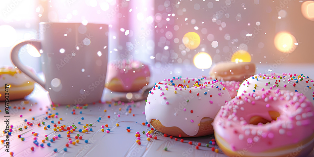 donuts with pink and white glaze, sprinkles on top, in front of a coffee mug, generative AI donuts with pink and white glaze, sprinkles on top, in front of a coffee mug, generative AI