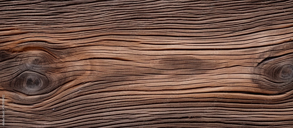 Fototapeta premium A close up of a hardwood plank with intricate knots and a natural brown wood stain. The pattern in the wood creates a unique and beautiful flooring option