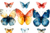 A watercolor set of hand-painted multicolored butterflies. Design for the design of postcards, invitations, birthday greeting cards, souvenirs.