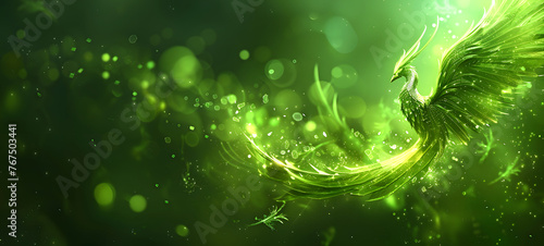 Bokeh beauty phoenix, peacook on defocused emerald green background, ai generative photo