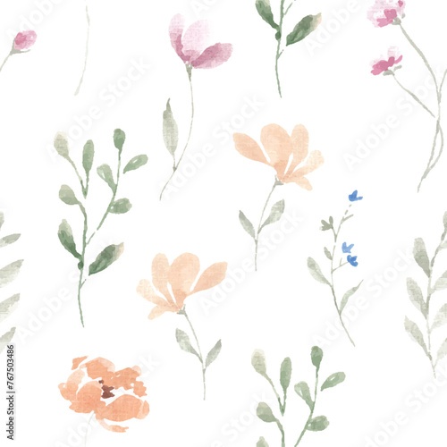 Pink and Yellow Wild Watercolor Flower Seamless Pattern