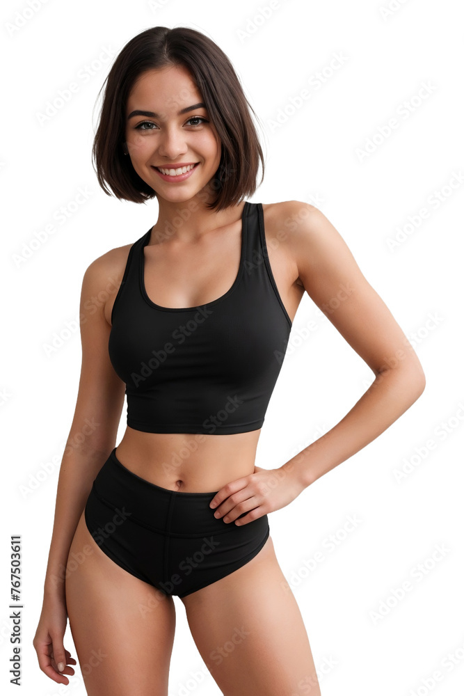 Smiling young woman in sportswear, isolated, transparent background, no background. PNG.