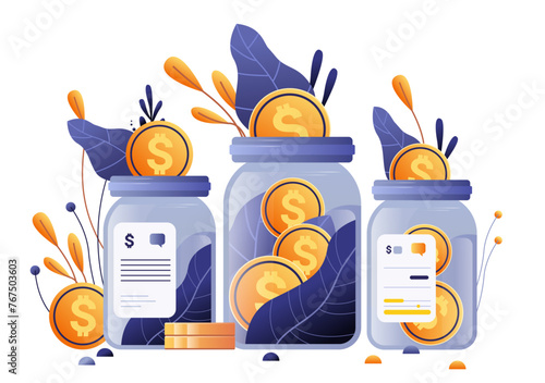 dollar coins money in jars financial security reliability stability growth fintech business investment concept horizontal