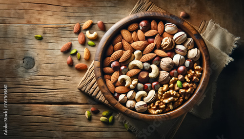 Assorted Nuts in Wooden Bowl on Rustic Table