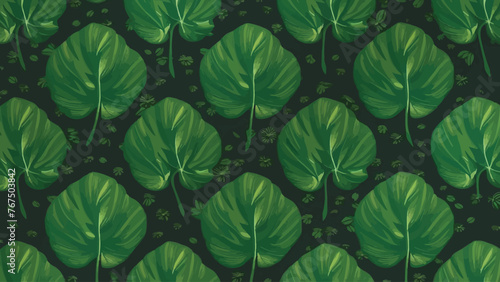Vintage Green Monstera leaves on a seamless background, flat vector design. photo